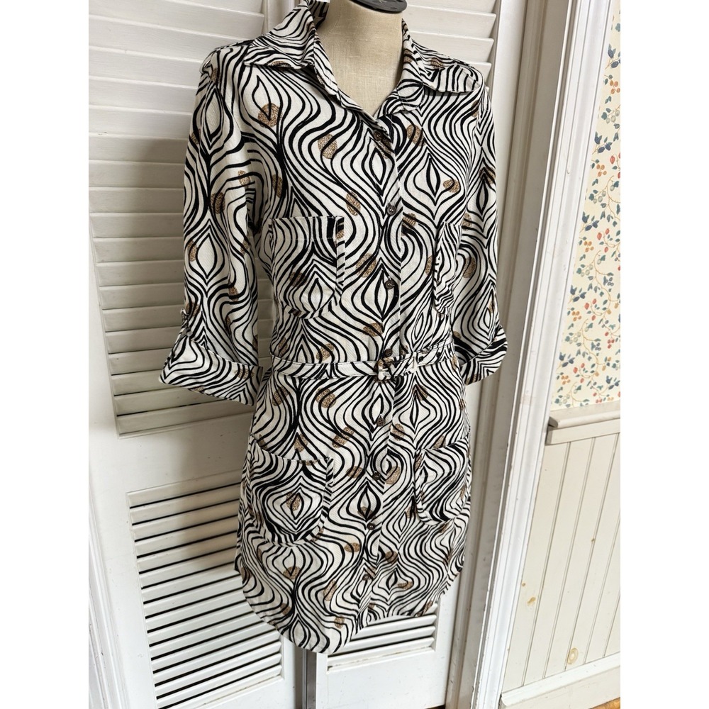 Vintage MOB Medium Shirt Belted Dress Pockets Zebra Animal Print Collared Shift